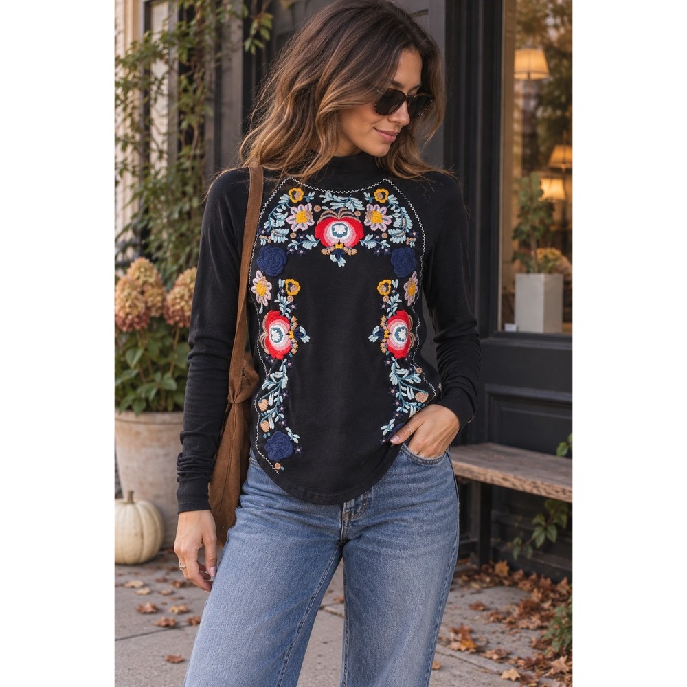 Free People Disco Rose Black Embroidered Folk Floral Mock Neck Top XS